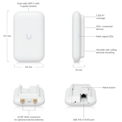 PUNTO DE ACCESO UNIFI WIFI 6 LARGO ALCANCE DOBLE BANDA, 5 GHZ (4X4 MU-MIMO Y OFDMA) Y 2.4 GHZ 44 MIMO/POE 