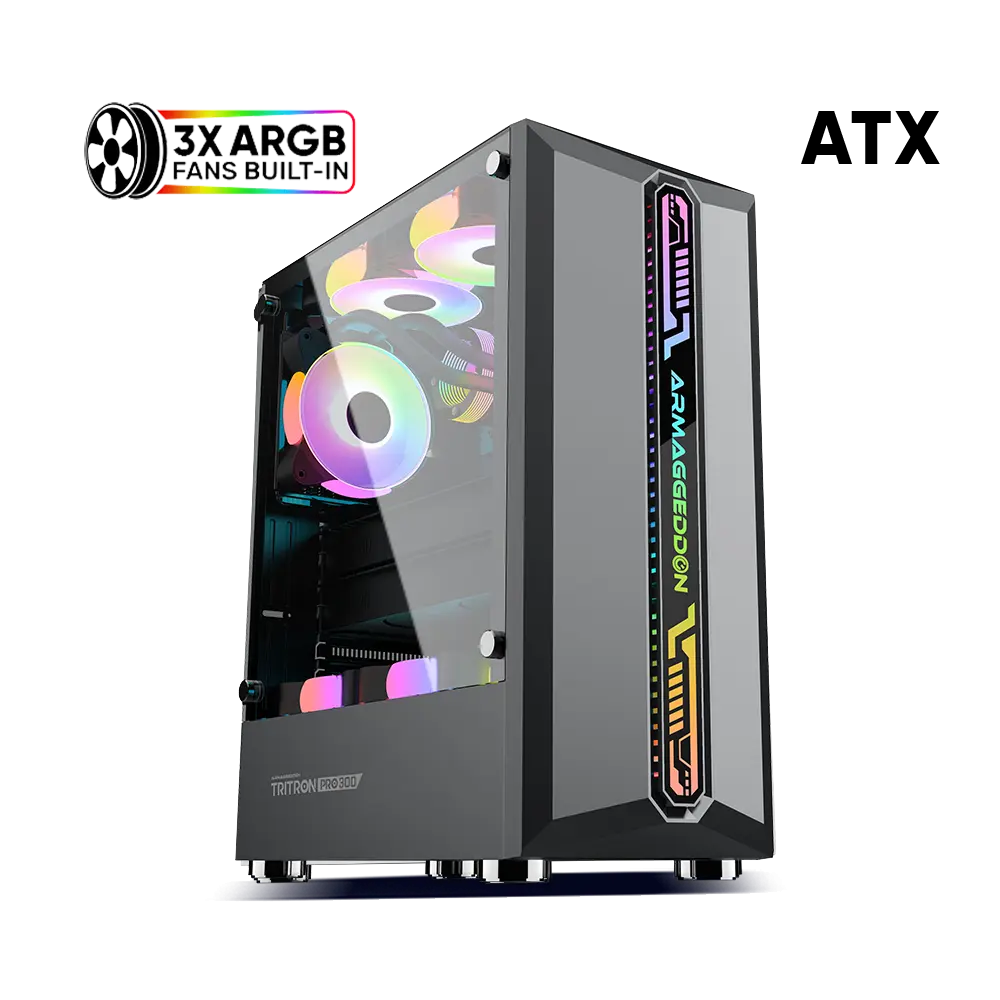 CASE GAMER ARMAGGEDDON TRITRON PRO 300 DISEÑO DE MALLA COMBINADO CON VENTILACION PANEL LATERAL VIDRIO TEMPLADO INCLUYE 3 VENTILADORES ARGB (3 SUPERIOR + 1 POSTERIOR) COLOR NEGRO