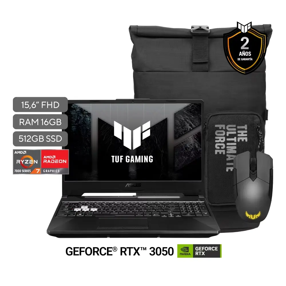 PORTATIL GAMING ASUS TUF A15 FA506NCG-HN194 AMD RYZEN 7 7445HS 4.7GHZ 16GB DDR5 512GB SSD RTX3050 4GB DDDR6 NEGRA 15.6"FHD FREEDOS MALETIN ASUS + MOUSE