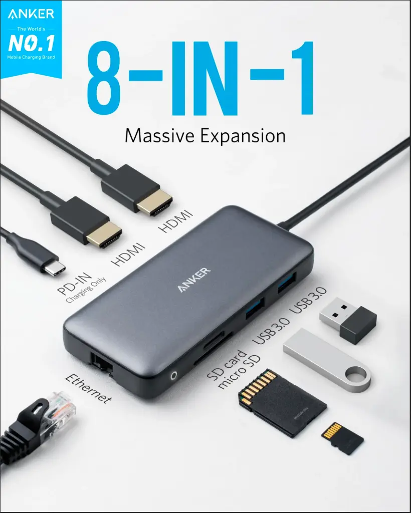 HUB ANKER 553 A8380 USB-C A 2 HDMI 4K 60Hz 1 USB-C PD 85W 1 RJ45 GIGABYTE 2 USB-A 3.2 SD Y MICRO SD
