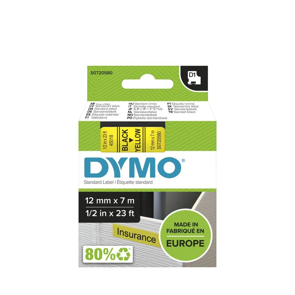 ETIQUETA DYMO D1, 45013, 45010, 45018, 45024, 12mm*0.47" 26.2FT AMARILLO SOBRE NEGRO