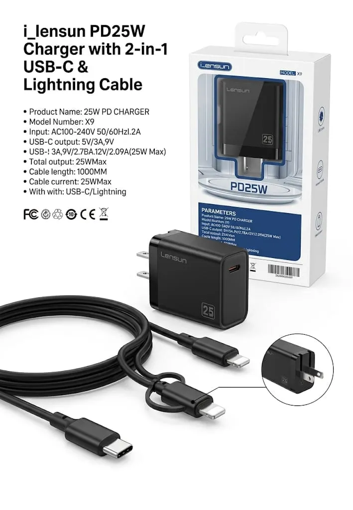CARGADOR + CABLE LENSUN X9 USB-C 6FT 25W ORIGINAL NEGRO