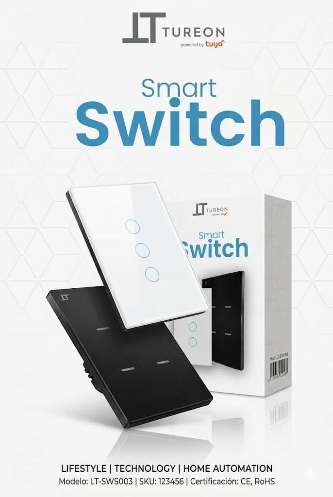 [TY-U3] INTERRUPTOR DE LUZ TUREON TUYA 3 BOTON TACTIL SMART BLANCO (NEUTRO, CAPACITOR)