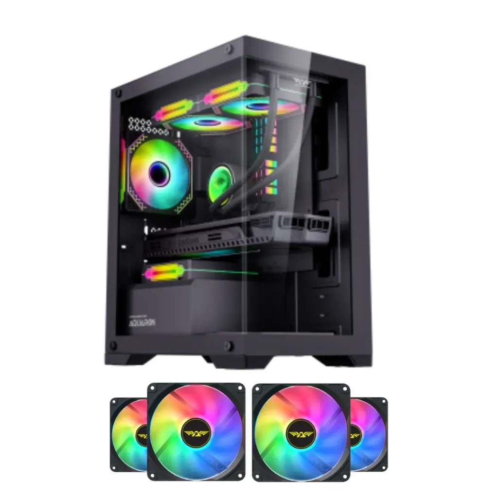 CASE GAMER ARMAGGEDDON AQUARON MATX PANEL FRONTAL Y LATERAL VIDRIO TEMPLADO NEGRO + KIT500 4 VENTILADORES ARGB NEGRO