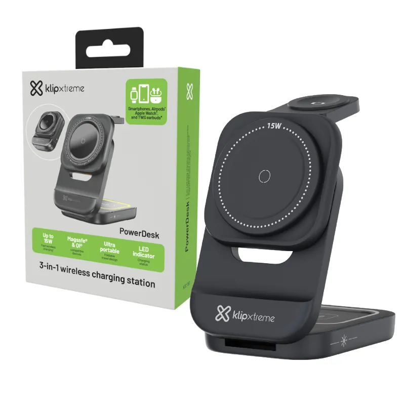 ESTACION DE CARGA RAPIDA KLIP XTREME KDC-150 3 EN 1 INALAMBRICA USB-C NEGRO