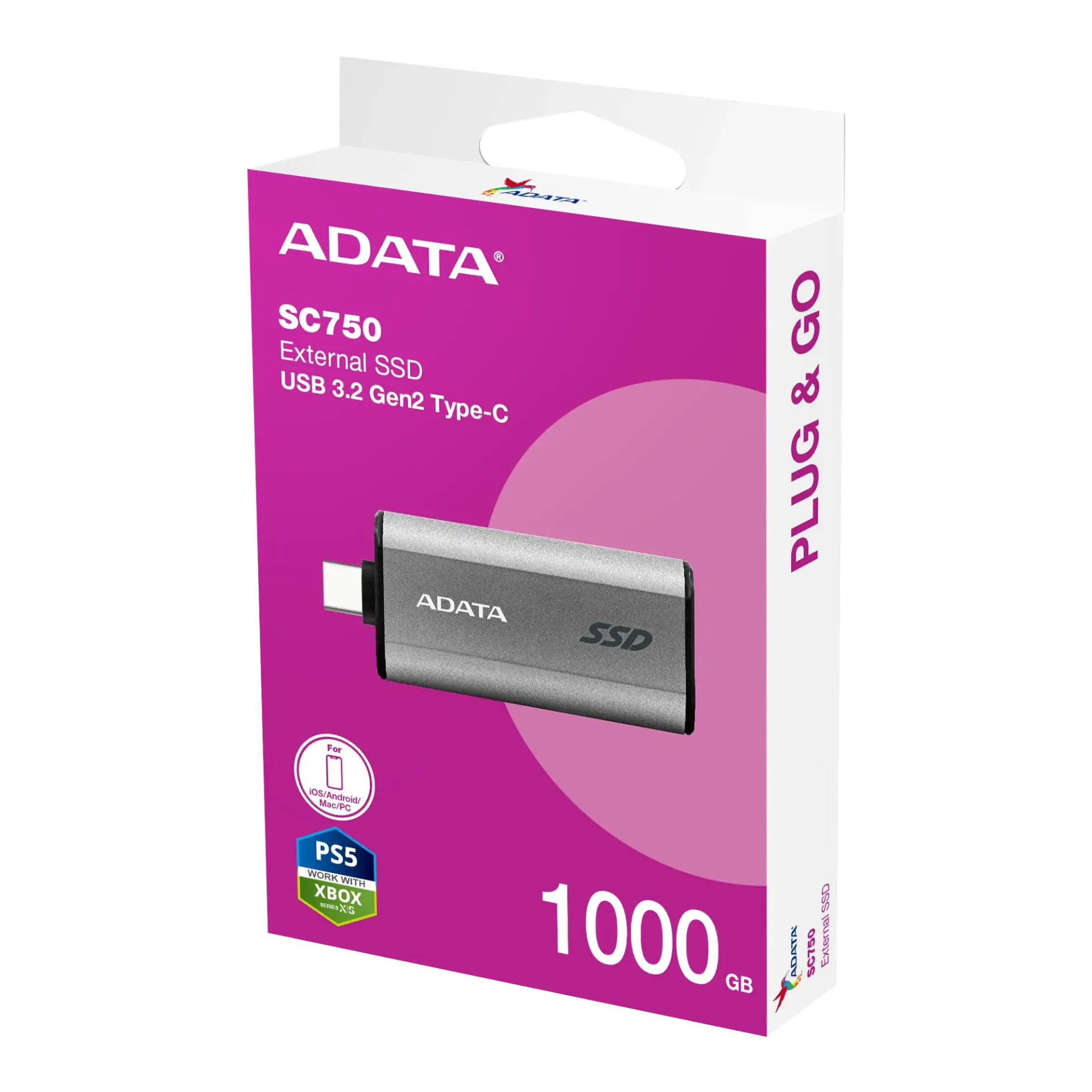 [SC750-1000G] DISCO DE ESTADO SOLIDO EXTERNO ADATA SC750-1000G 1TB 1000MBS/1050MBS USB 3.2 Gen 2 Typo-c Silver