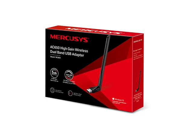 ADAPTADOR USB MERCUSYS MU6H AC650 INALAMBRICO DUAL BAND HIGH GAIN 1 ANTENA