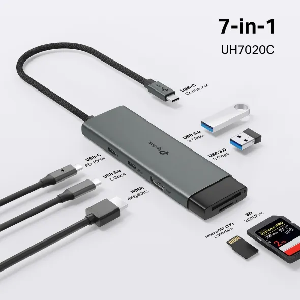HUB TP-LINK UH7020C 7 EN 1 USB-C A 1*HDMI 4K 60HZ 1*USB-C PD 100W 1*USB-C 3.0 DATOS 2*USB-A 5GBPS 1* LECTOR MICRO SD Y SD
