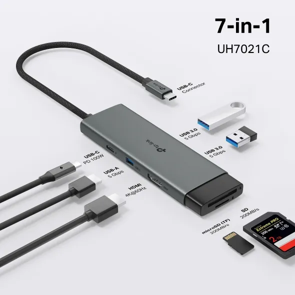 HUB TP-LINK UH7021C USB-C 7 EN 1 USB-C A 1 *HDMI 4K 1*C PD 100W 1*SD 1*MICROSD 200 MBPS 3* USB-A 5 GBPS