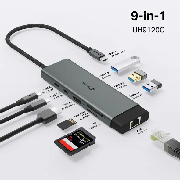 HUB TPLINK UH9120C 9 EN 1 USB-C A 1 *HDMI 4K 60HZ 1*USB-C PD 100W 1*USB-C 3.0 1*SD 1*MICROSD 3* USB-A 5 GBPS 1*RJ45 1 Gbps