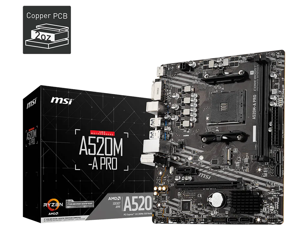 MOTHERBOARD MSI A520M-A PRO  DDR4 1866 -3200 MHZ MATX / DUAL CHANEL MEMORIA SOCKET AM4