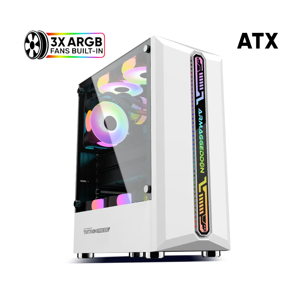 CASE GAMER ARMAGGEDDON TRITRON PRO 300 ATX DISEÑO DE MALLA COMBINADO CON VENTILACION PANEL LATERAL VIDRIO TEMPLADO INCLUYE 3 VENTILADORES ARGB (3 SUPERIOR + 1 POSTERIOR) BLANCO