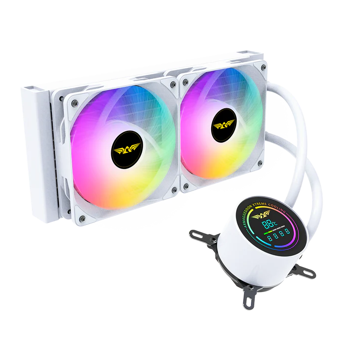 VENTILADOR LIQUIDO ARMAGGEDDON DEEPFREZZER ADV A240 ARGB PANTALLA INTELIGENTE ILUIMACION ARGB COMPATIBLE CON AM3/ AM4/ AM5 Y 115X/ 1851/ 1700/ 20XX BLANCO