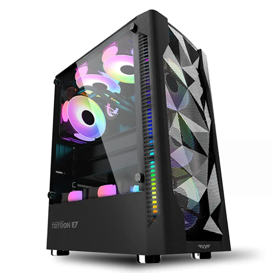 CASE GAMER ARMAGGEDDON TRITRON 3 CON PANEL DE VIDRIO TEMPLADO 3 VENTILADORES ARGB ATX/MATX/ITX NEGRO