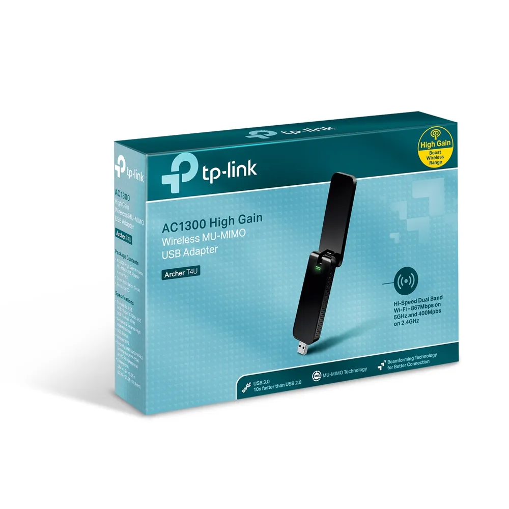 ADAPTADOR DE RED TP-LINK ARCHER T4U  AC1300 USB ALTA GANANCIA DUAL BAND 400MBPS A 2.4GHZ + 867 Mbps A 5GHZ