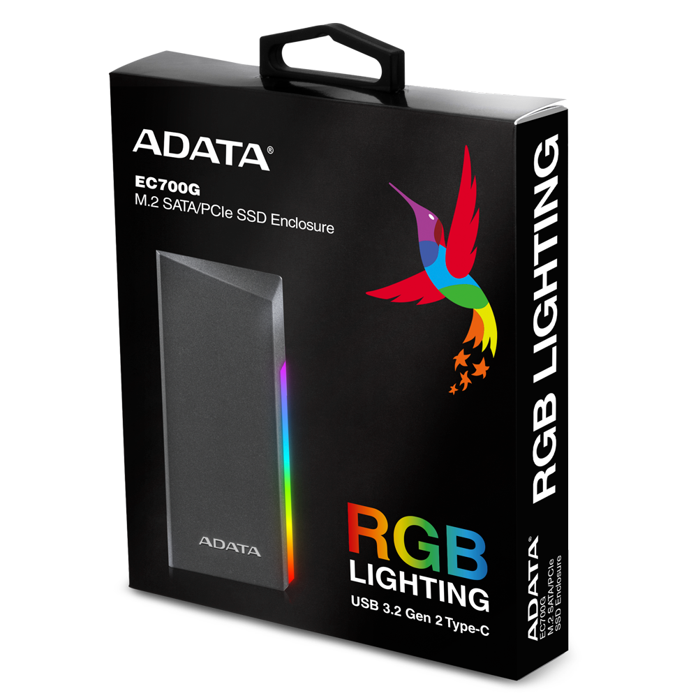 ENCLOSURE ADATA EC700G PARA DISCOS SSD M.2 PCIe/SATA USB3.2 GEN2 CON RGB ENCENDIDO