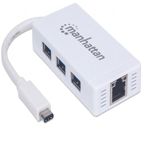 HUB USB-C A 3P USB 3.1 GEN 1 MANHATTAN C/ADAPT ETHERNET GIGABIT 10/100/1000, BLANCO  SKU:507608