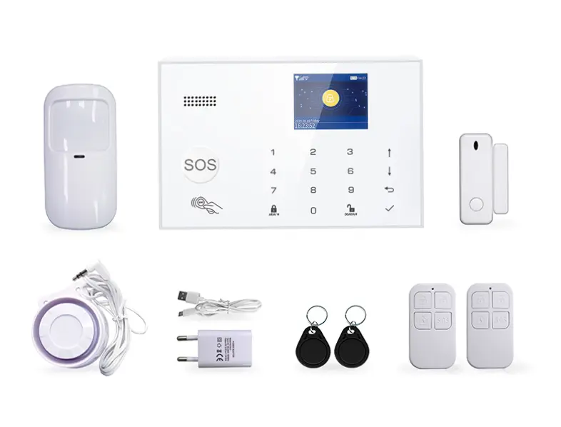 SISTEMA DE ALARMA INTELIGENTE TECLAM PST-G30 CENTRAL DE ALARMA 1 SENSOR DE MOVIMIENTO  2 MANDOS DE DISTANCIA 1 SIRENA EXTERIOR 1 SENSOR DE APERTURA 2 LLAVES DE PROXIMIDAD