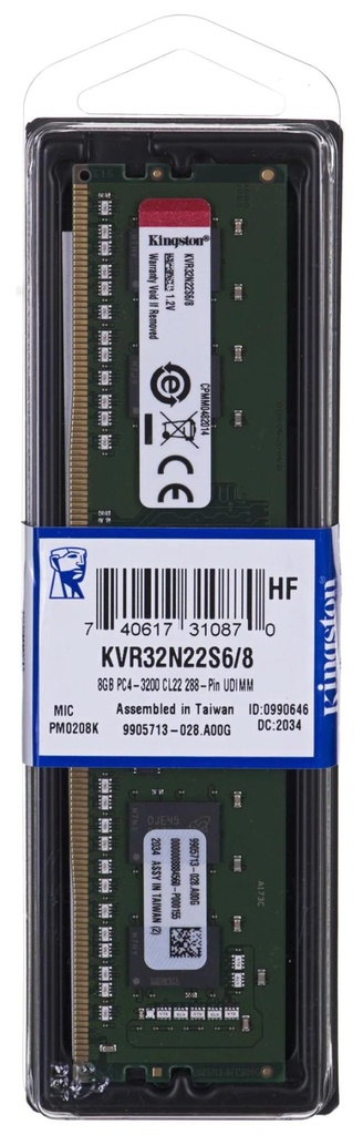 MEMORIA PARA PC KINGSTON  8GB DDR4 3200 MHZ KVR32N22S6/8 8GB PC4 1RX16 CL22 64-BIT