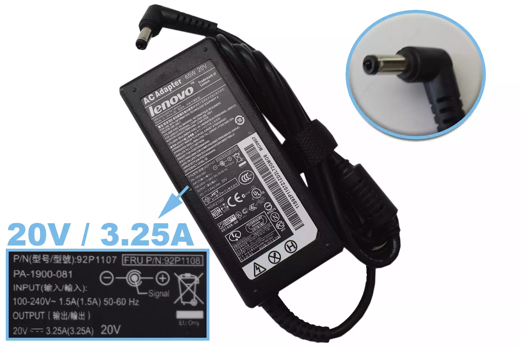 CARGADOR PARA LAPTOP LENOVO 20V 2A LN-A040A3C