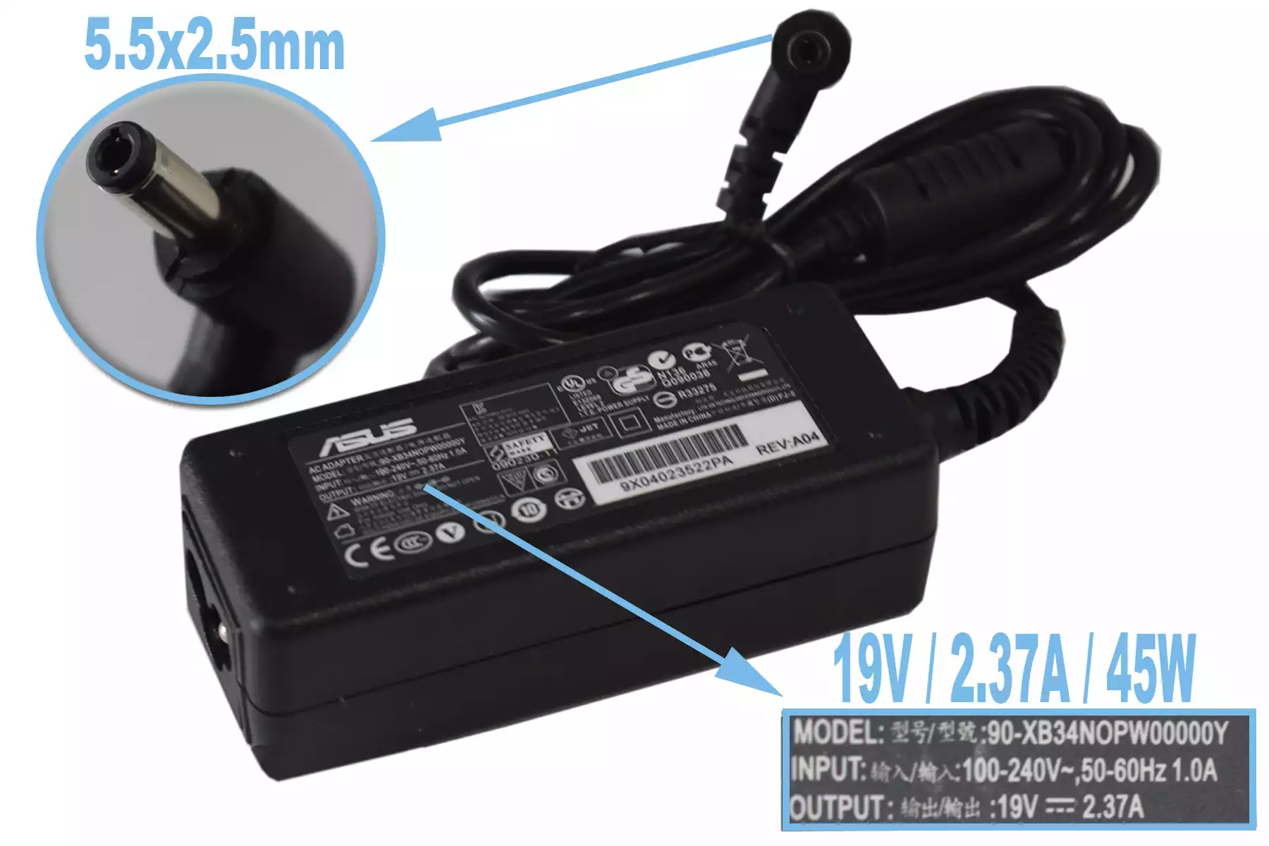 CARGADOR PARA LAPTOP ASUS 19V-2.37A 4.0*1.35 45W ORIGINAL