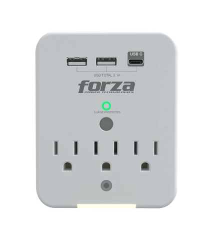 TOMACORRIENTE PROTECTOR DE TENSION FORZA FWT-331USBC 490J/1875W, 3 TOMAS , 2 USB 1 USB-C, 120V