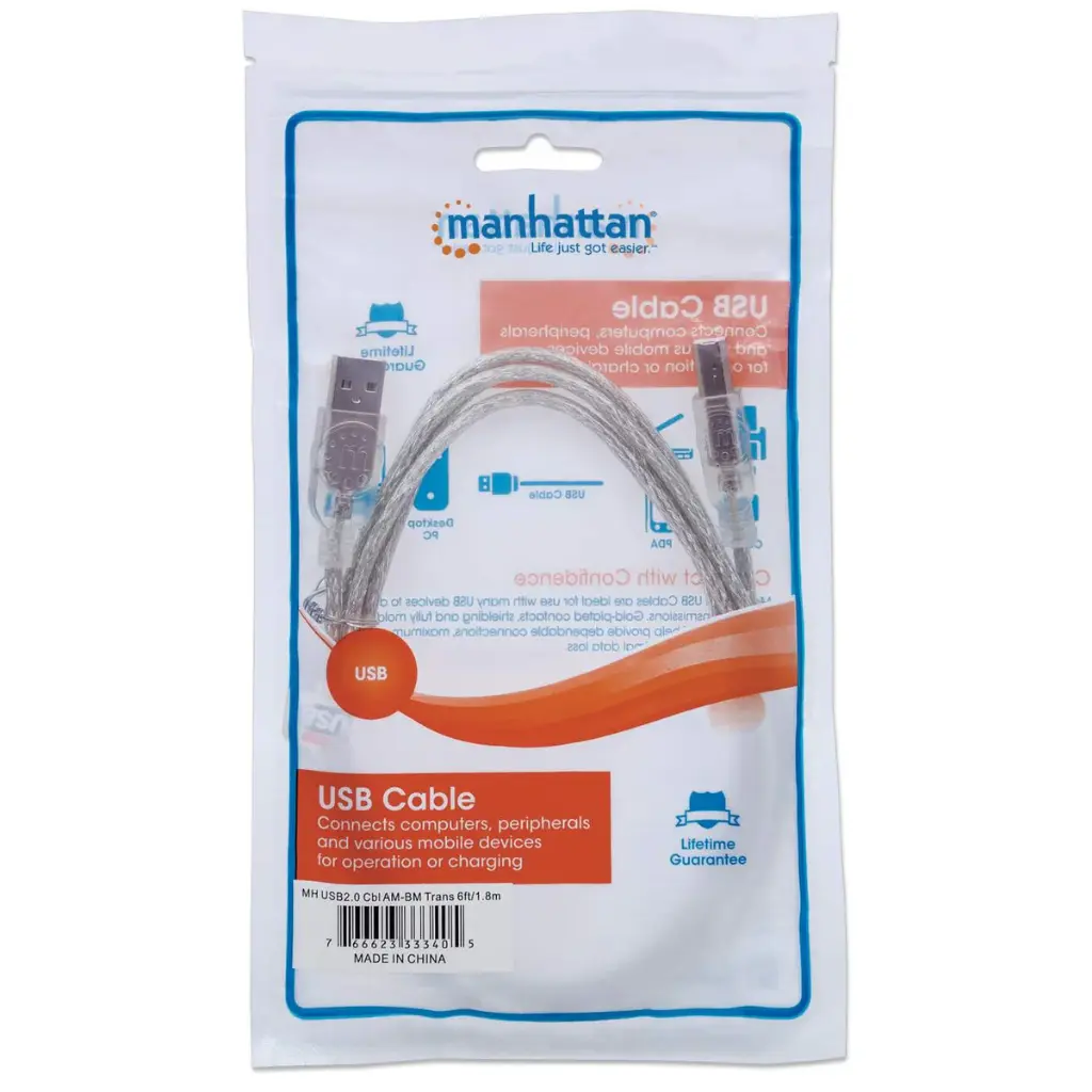 CABLE DE IMPRESORA MANHATTAN USB BLINDADO TRANSLUCIDO 2.0 1.8M SKU: 333405