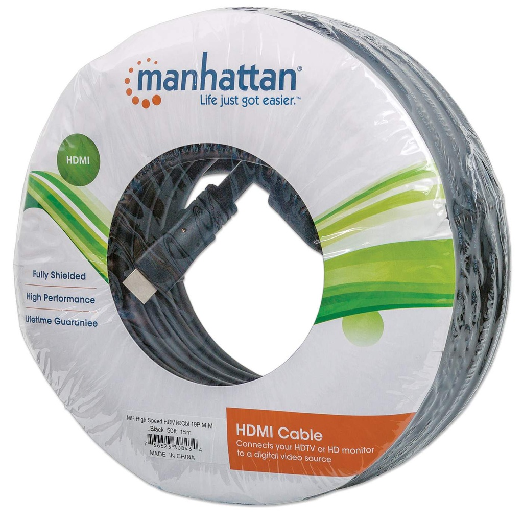 CABLE HDMI MANHATTAN 15 M. BLINDADO DOBLE M-M FHD 1080P/3S/4K/24AWG/NEGRO SKU: 308434 