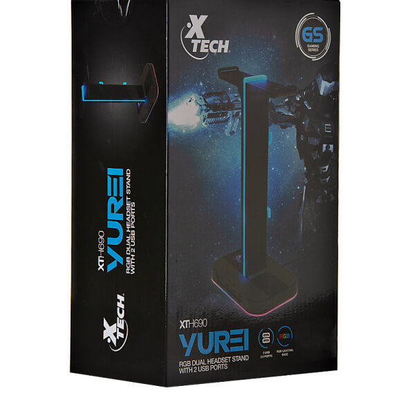 BASE DOBLE PARA AURICULAR XTECH XTH-690 YUREI NEGRO CON LUZ RGB +2 PUERTOS USB