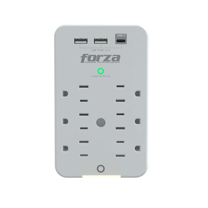PROTECTOR DE SOBRETENSION+ TOMACORRIENTES FORZA FWT-631USBC 490J/1875W 120V 6 X NEMA 5-15R + 2 USB-A Y 1 USB-C