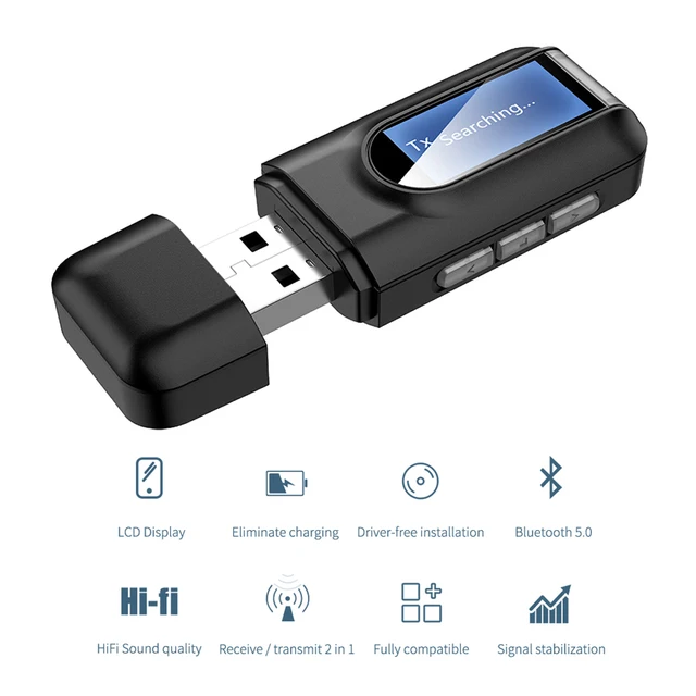 ADAPTADOR INALÁMBRICO ESTÉREO AUX RCA DE 3,5 MM PARA PC, TV, COCHE Y AURICULARES, TRANSMISOR Y RECEPTOR DE AUDIO USB BLUETOOTH 5.0 CON PANTALLA LCD