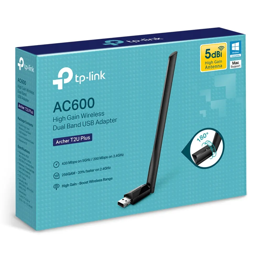 ADAPTADOR DE RED TP-LINK ARCHER T2U PLUS AC600 HIGH DUAL BAND WIRELESS USB 1 ANTENA 