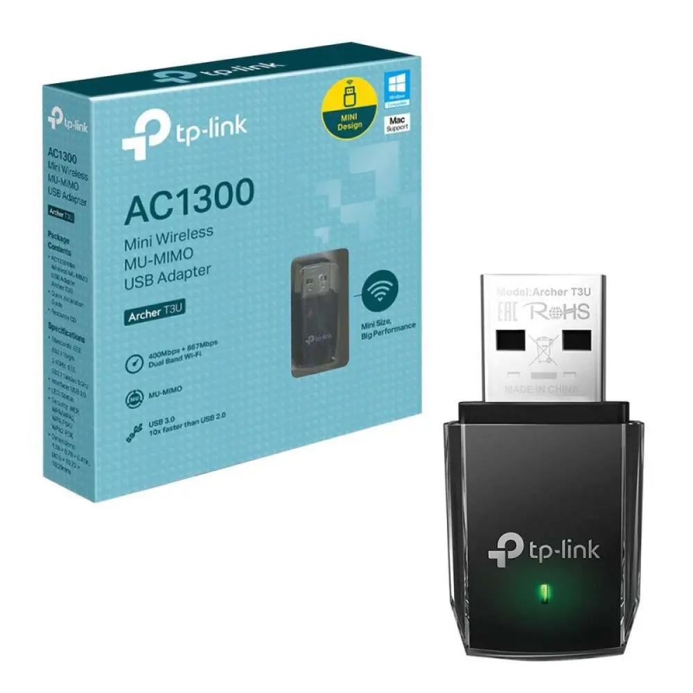 ADAPTADOR DE RED TP-LINK ARCHER T3U USB MINI WIRELESS AC1300 DUAL BAND 867MBPS 5ghz+ 400 MBPS 2.4ghz