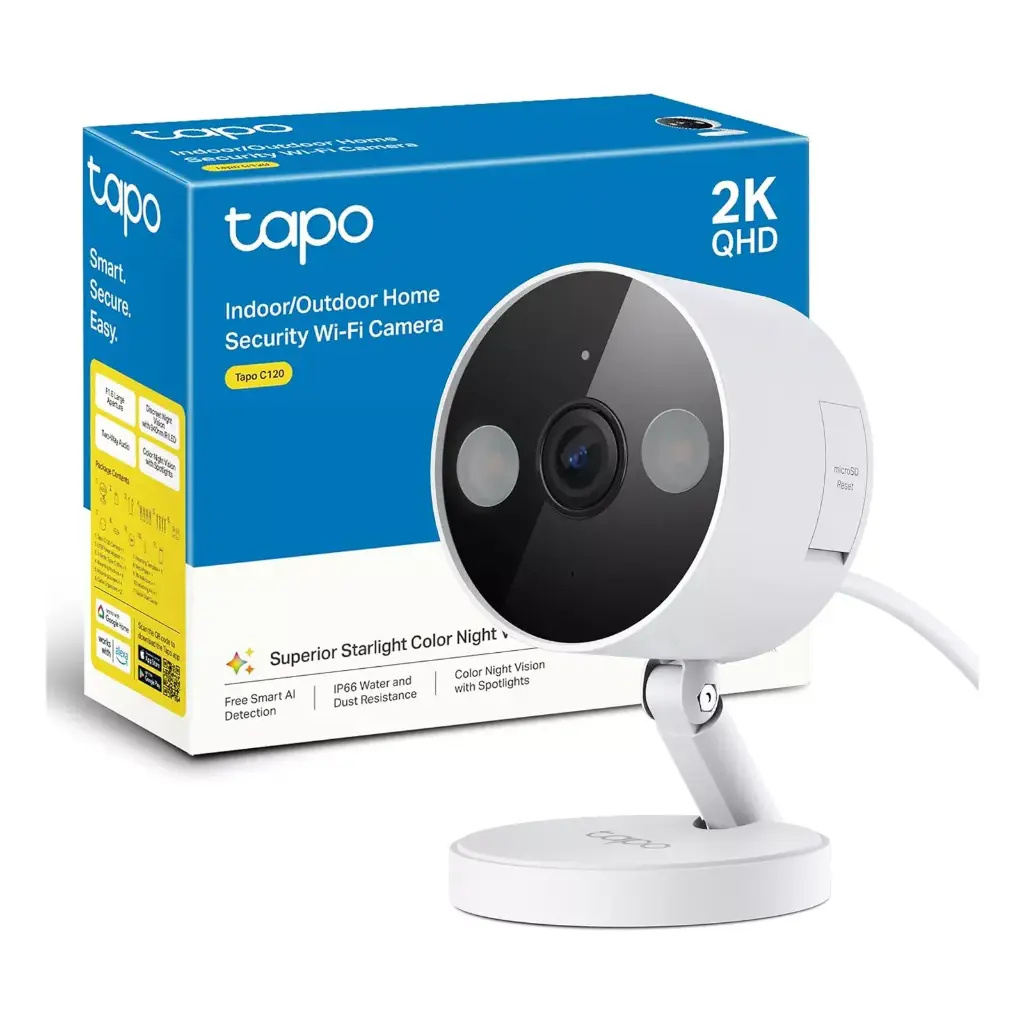 CAMARA DE SEGURIDAD IP TP-LINK TAPO C120 4MP 2K QHD VISION NOCTURNA A COLOR/INTERIOR Y EXTERIOR IP66 AUDIO BIDIRECCIONAL/ DETECCION DE PERSONAS/ VEHICULOS Y ANIMALES IA/ ALARMA CON LUZ Y SONIDO SOPORTA 512GB