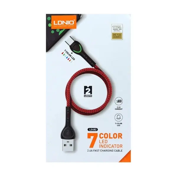 CABLE LDNIO LS482 LIGHTNING IPHONE A USB-A 2.4A TRENZADO ROJO 2M 