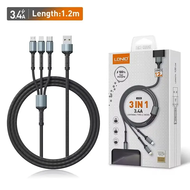 CABLE LDNIO LC93 3 EN 1 USB-A A LIGHTNING/ MICRO V8/ USB-C 3.4A CARGA RAPIDA TRENZADO 1.2M GRIS 