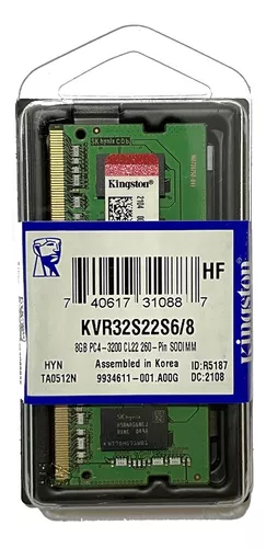 MEMORIA PARA LAPTOP KINGSTON 8GB DDR4 3200 CL22 KVR32S22S6/8