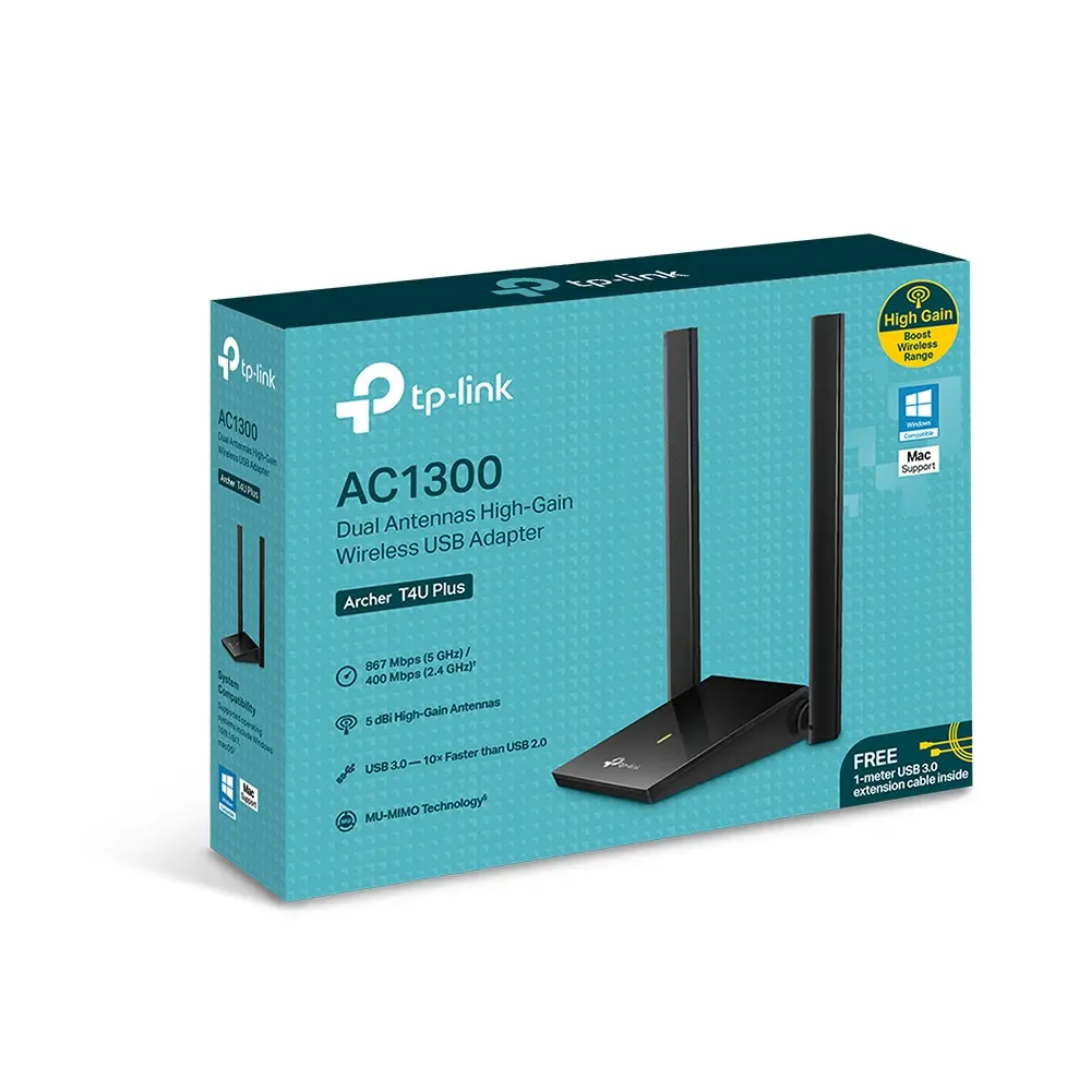 ADAPTADOR DE RED TP-LINK ARCHER T4U PLUS AC1300 USB ALTA GANANCIA DUAL BAND 400MBPS A 2.4GHZ + 867 Mbps A 5GHZ