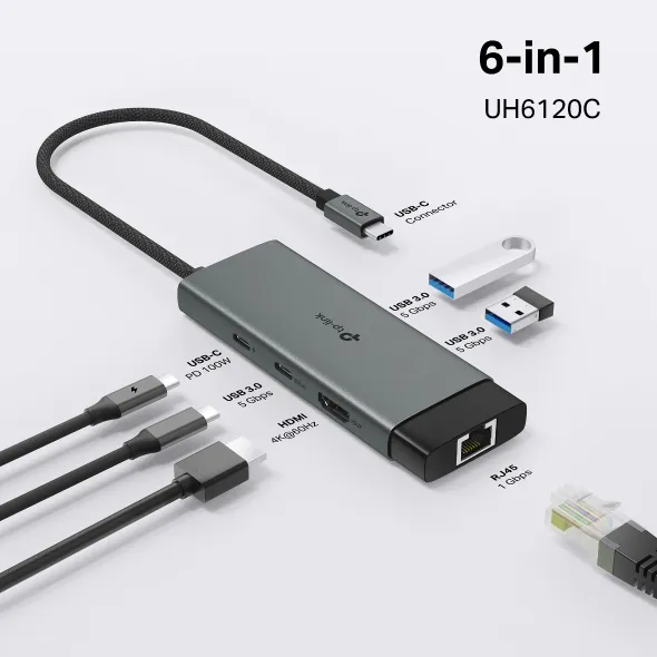 HUB TP-LINK UH6120C USB TIPO-C 6 EN 1 USB-C A 1 *HDMI 4K 1*C PD 100W 1*RJ45 1GBPS 1*USB-C 2*USB-A 5GBPS