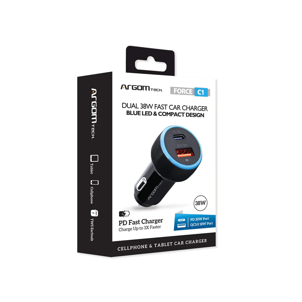 CARGADOR PARA CARRO ARGOM A00576 ARG-AC-0118BK FORCE C1 DUAL CARGA PD 20W USB-C +QC3.0 18W TOTAL 38W CARGA RAPIDA