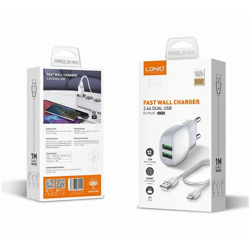 CARGADOR + CABLE LDNIO A2218 USB A USB MICRO V8 SALIDA 12W 1M BLANCO 