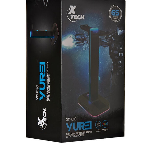 [XTH-690] BASE DOBLE PARA AURICULAR XTECH XTH-690 YUREI NEGRO CON LUZ RGB +2 PUERTOS USB