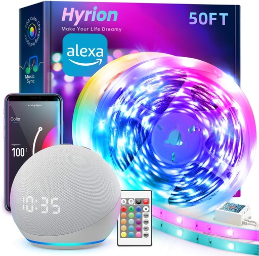 [H-207WLG305-N] TIRAS DE LUZ LED INTELIGENTE HYRION/ LUZ LED WIFI DE 15 M / CAMBIO DE COLOR ACTIVADO POR SONIDO CON ALEXA Y GOOGLE / SINCRONIZACIÓN DE MUSICA