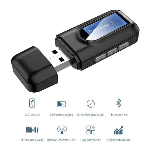 ADAPTADOR INALÁMBRICO ESTÉREO AUX RCA DE 3,5 MM PARA PC, TV, COCHE Y AURICULARES, TRANSMISOR Y RECEPTOR DE AUDIO USB BLUETOOTH 5.0 CON PANTALLA LCD